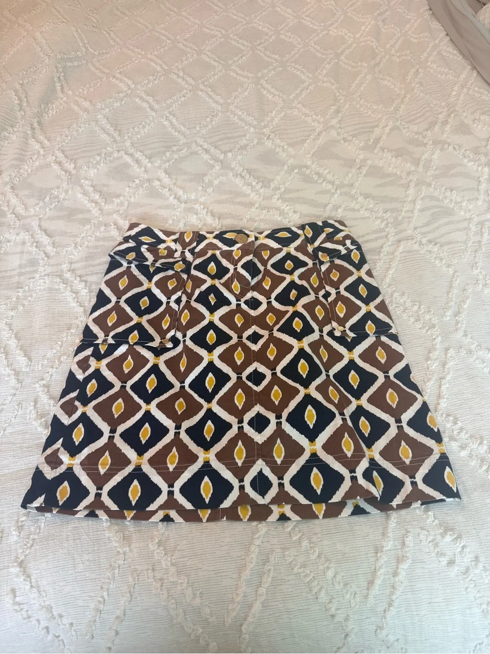 Tory Burch Navy, Brown, White & Mustard Geometric Skirt